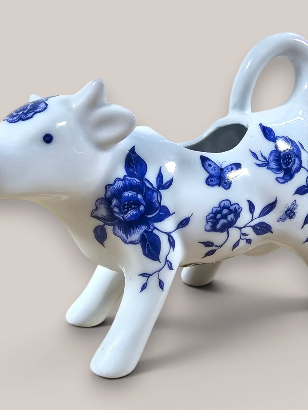 Cracker Barrel Blue Bliss Cow Creamer Ceramic White Blue Floral Grandma Country